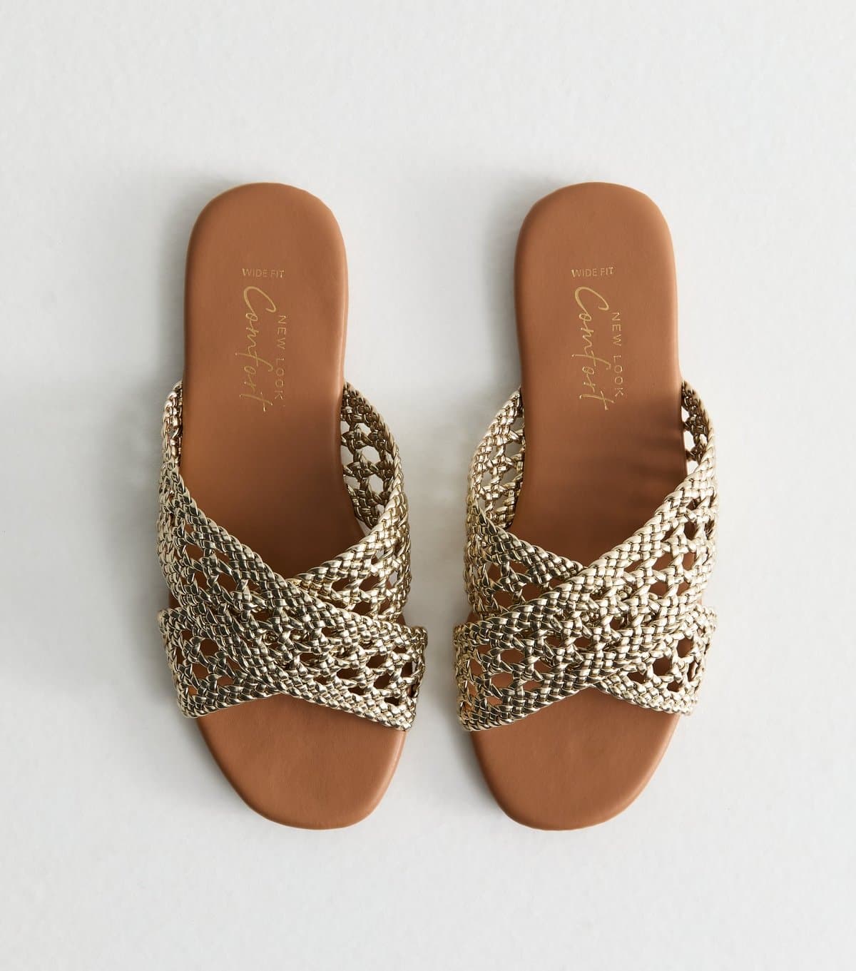 New Look Women's Wide Fit Golden Woven Strap Mule Sandals Vegan New Look