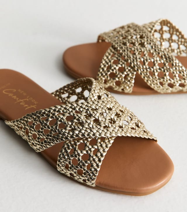 New Look Women's Wide Fit Golden Woven Strap Mule Sandals Vegan New Look - 3