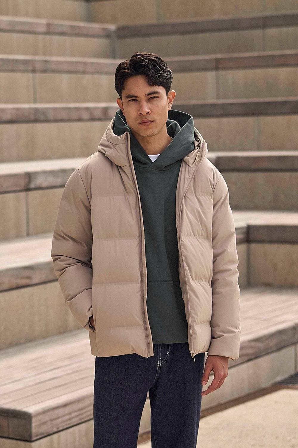 Animal Animal Men's 'Tech Down' Warm Water Resistant Hooded Outdoor Heat Sealed Jacket in Beige
