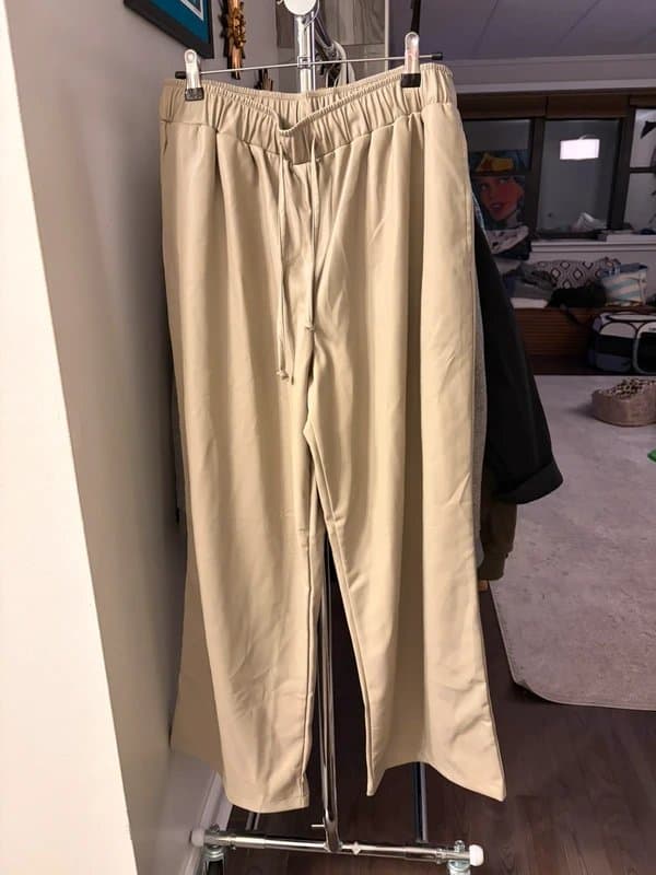 ASOS Design Beige Faux Leather Wide Leg Pants Elastic Waist Minimal Luxe Trousers