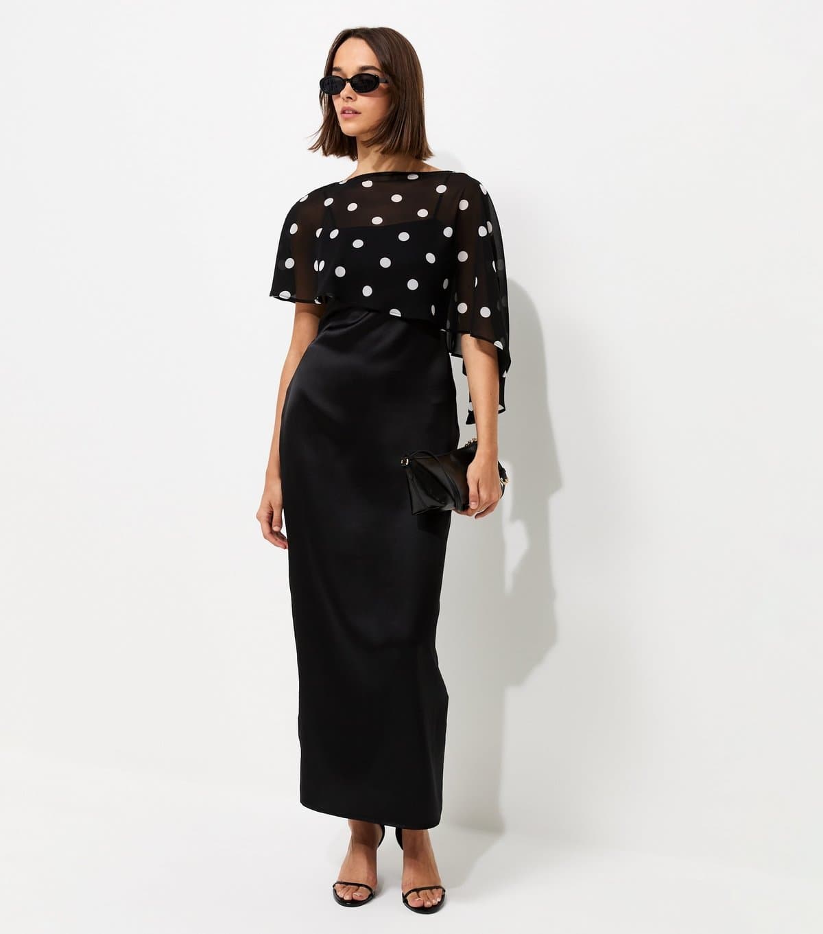 New Look Women's Black Satin Spot Print Cape Midi Dress New Look