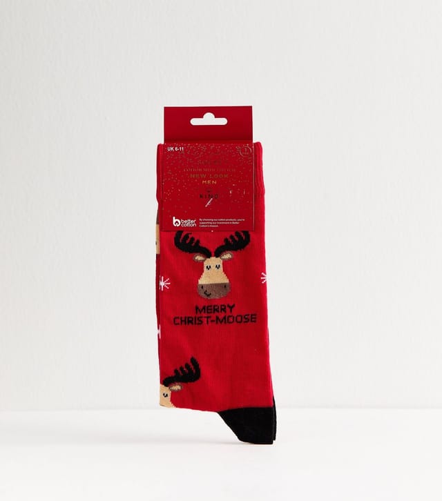 New Look Men's Mens Bright Red Merry Christ Moose Socks New Look - 3