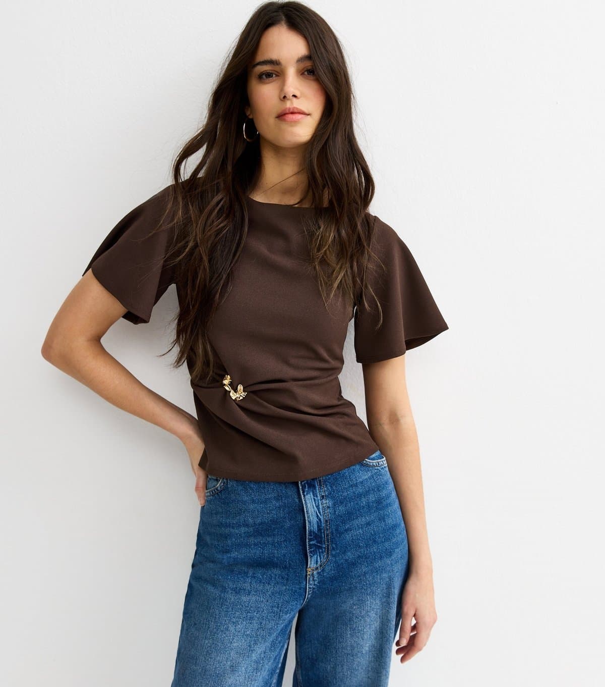 New Look Women's Dark Brown Gathered Waist Corset T-Shirt New Look