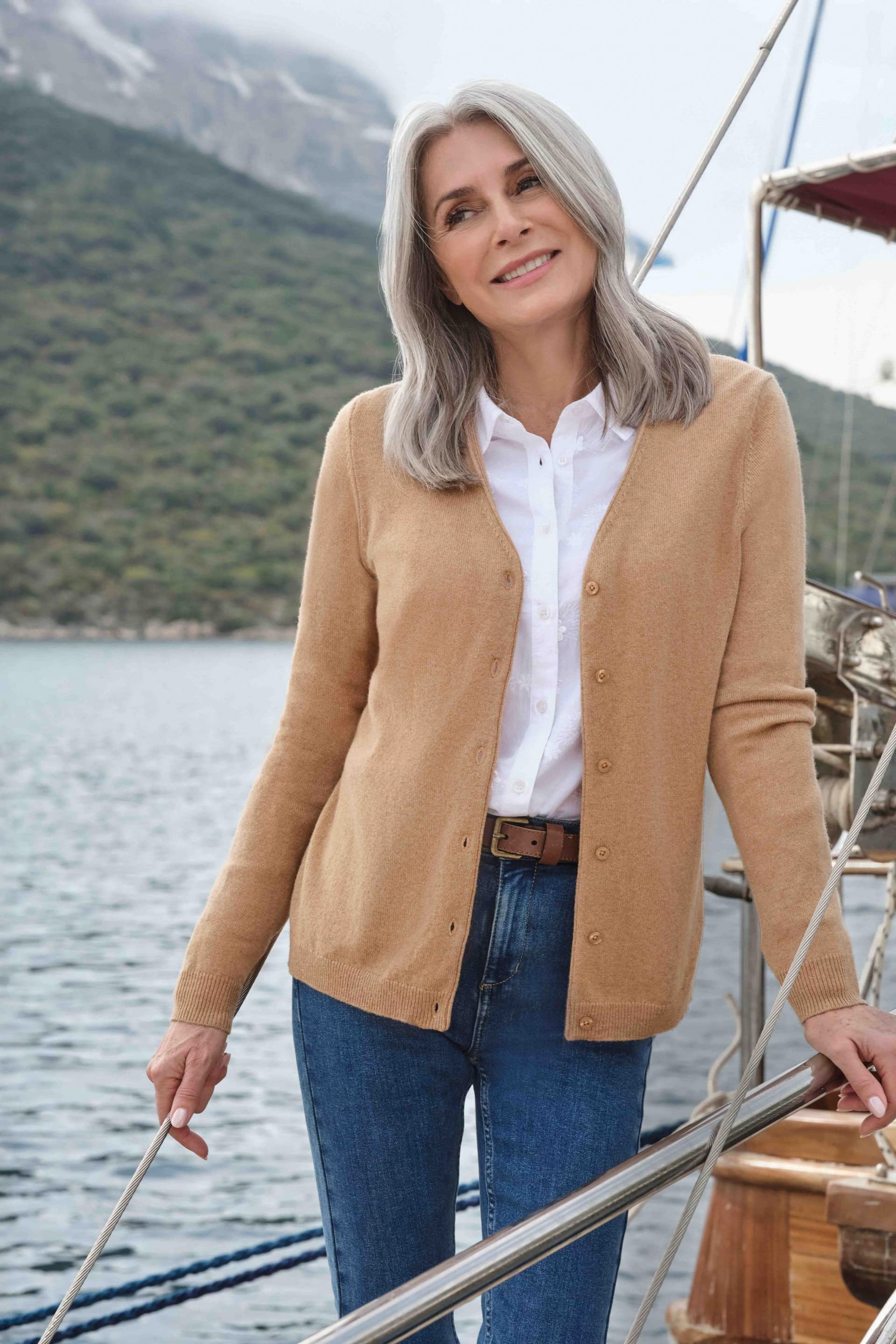 WoolOvers WoolOvers Women's Cashmere Merino Classic V Neck Cardigan in Camel