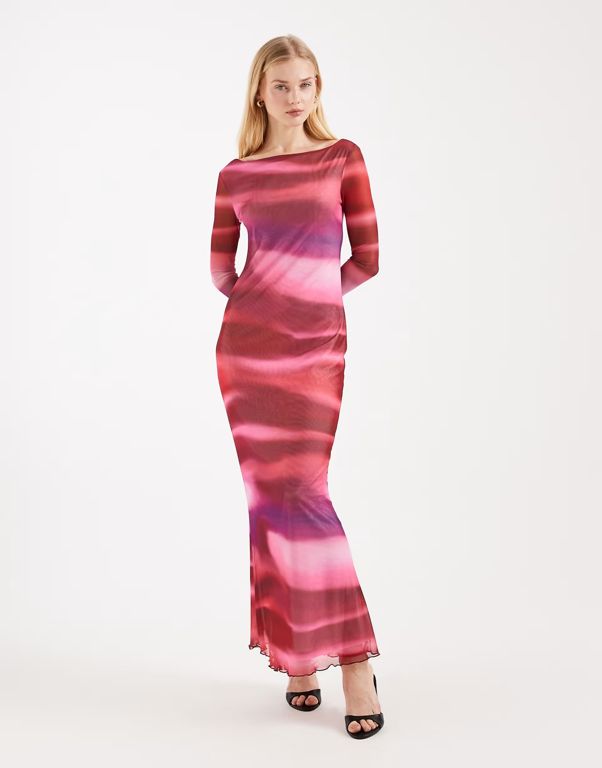 ASOS Vero Moda long sleeve mesh maxi dress in pink abstract print