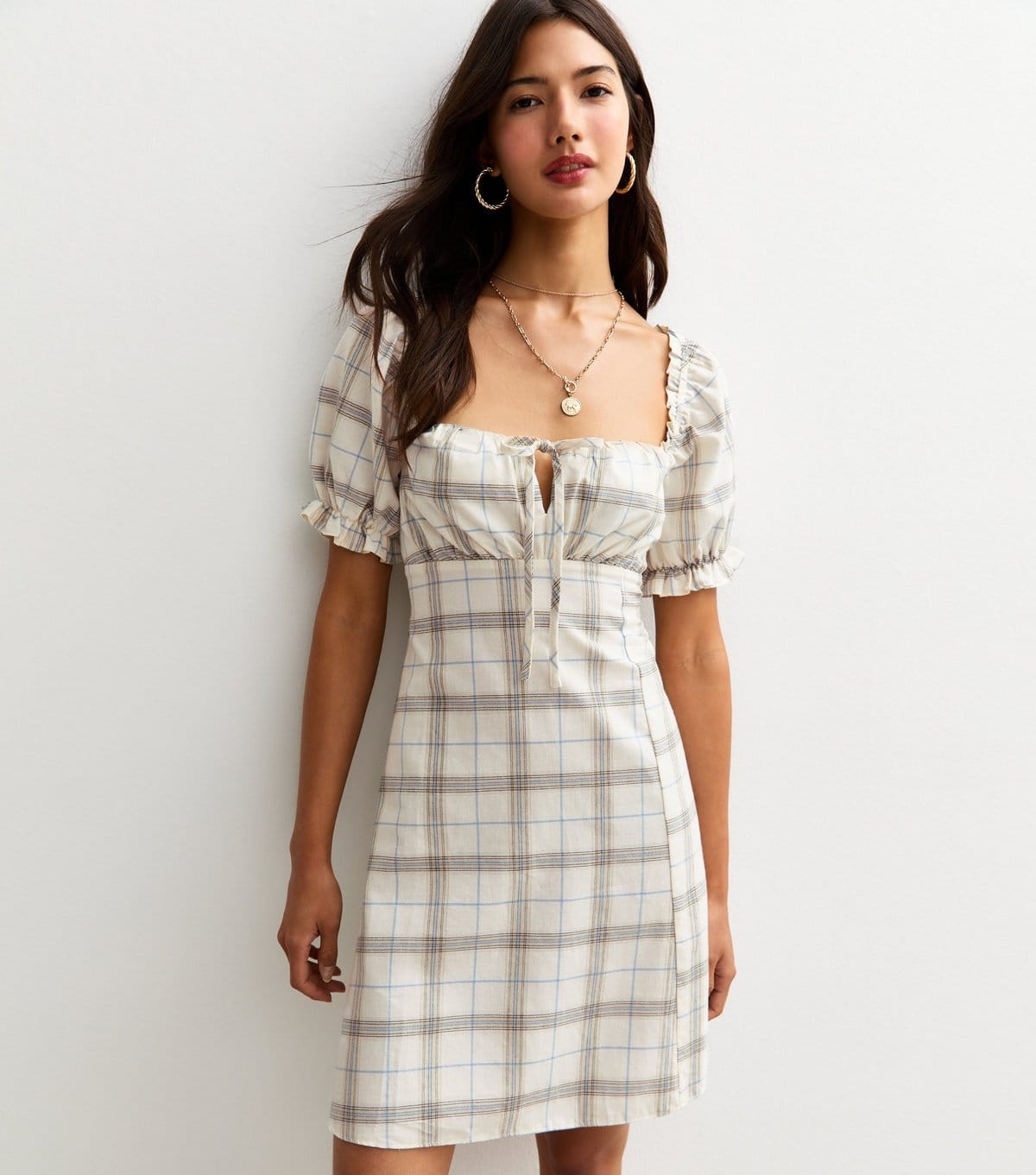 New Look Cream Checked Milkmaid Mini Dress