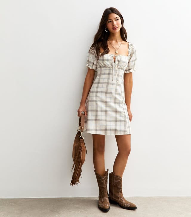 New Look Women's Cream Checked Milkmaid Mini Dress New Look - 3