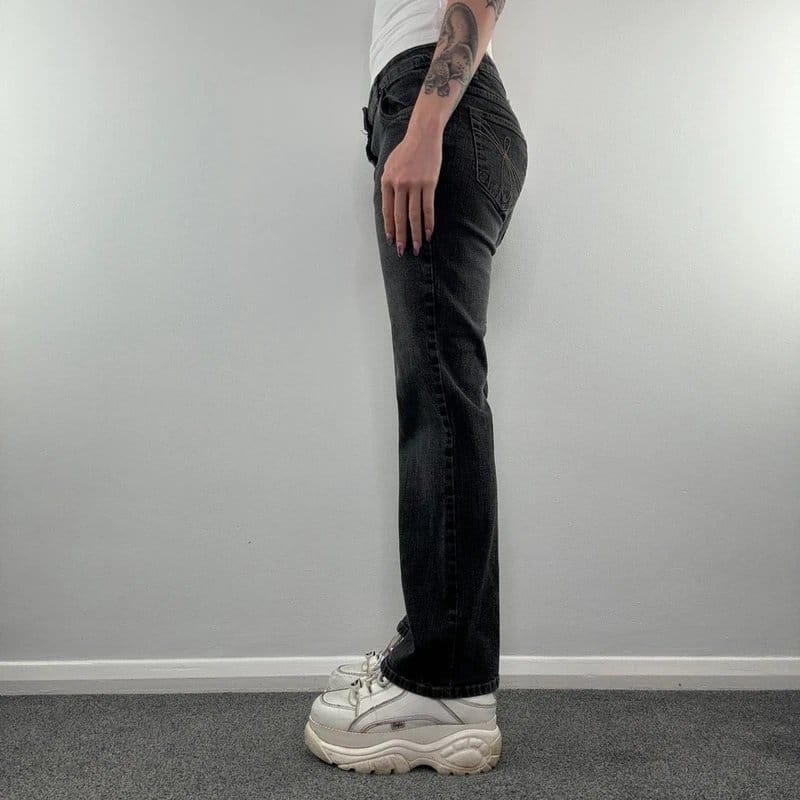 Vintage Grey Denim Bootcut Jeans with Embroidered Pockets