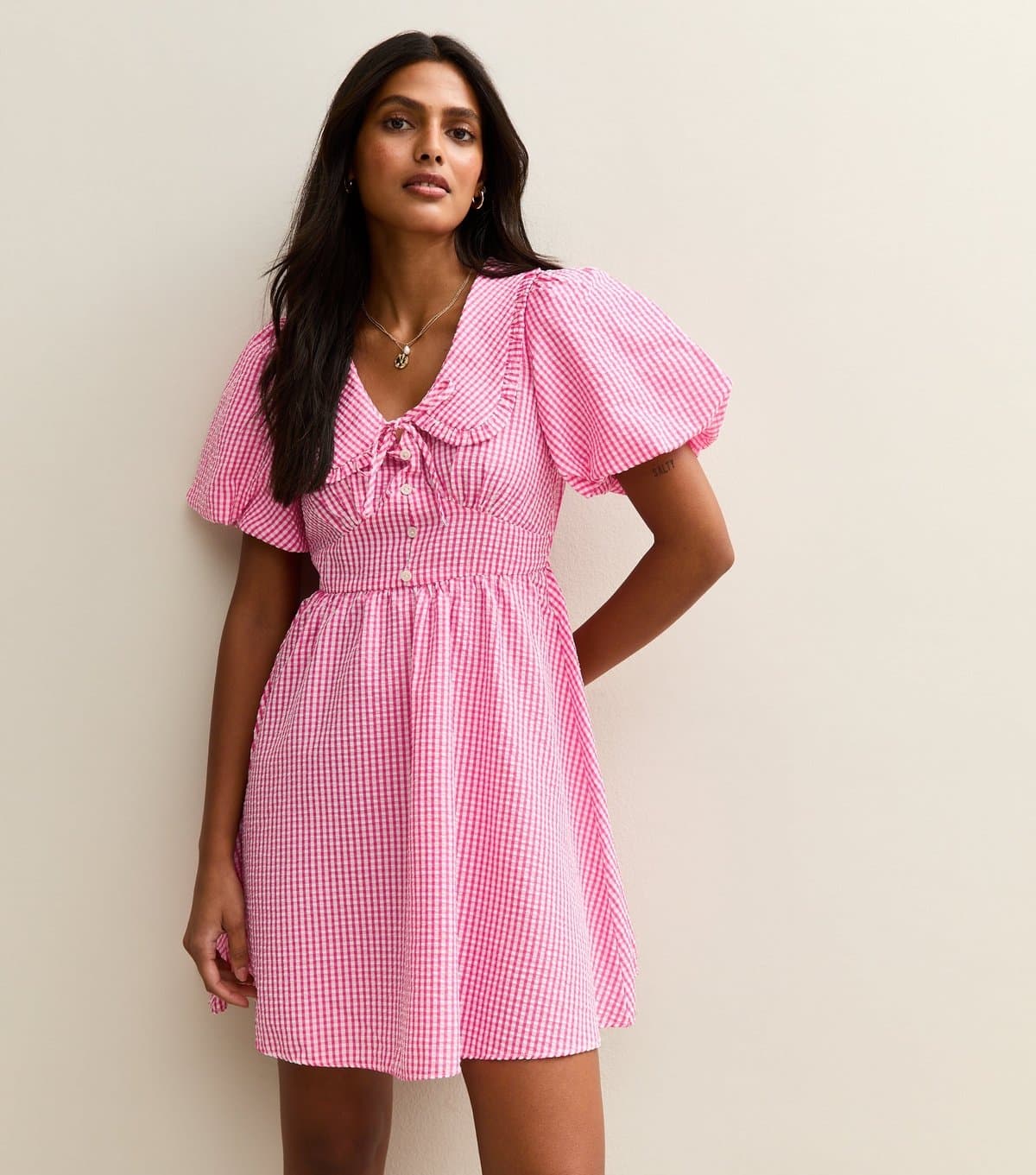 New Look Women's Pink Gingham Crinkle Texture Collared Puff Sleeve Mini Dress New Look