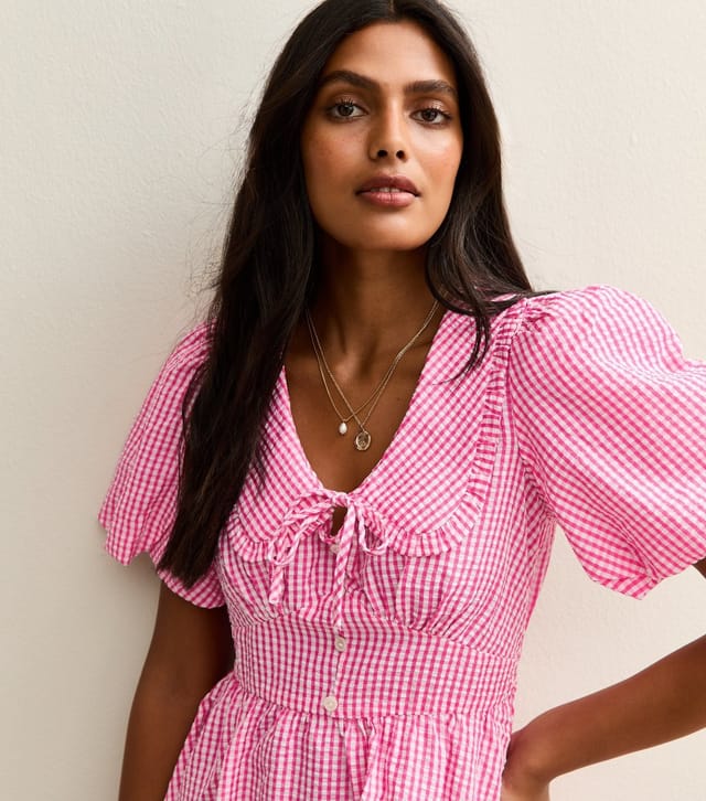 New Look Women's Pink Gingham Crinkle Texture Collared Puff Sleeve Mini Dress New Look - 2