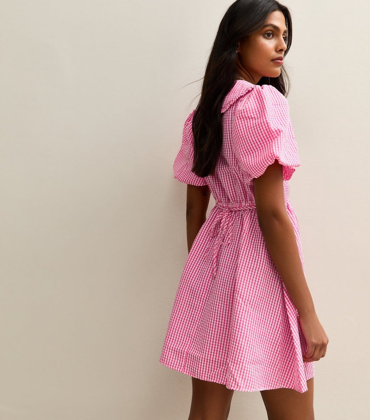 New Look Women's Pink Gingham Crinkle Texture Collared Puff Sleeve Mini Dress New Look - 4