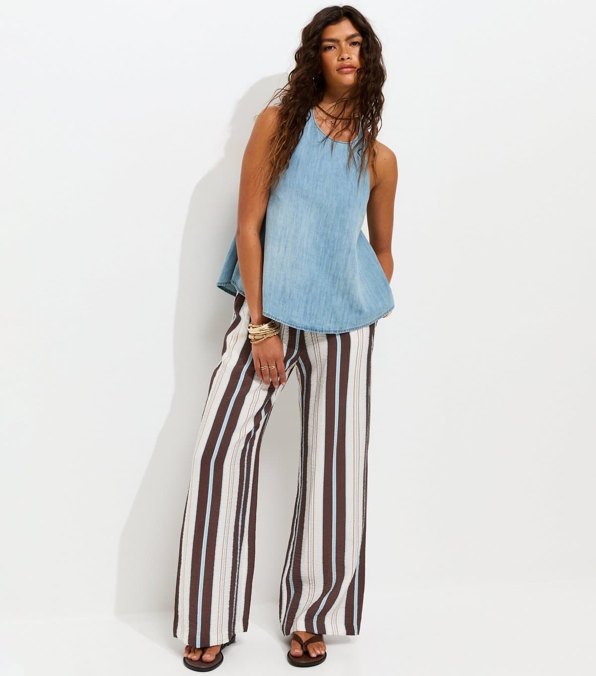 New Look Women's Blue Crinkle Texture Striped Wide Leg Trousers New Look