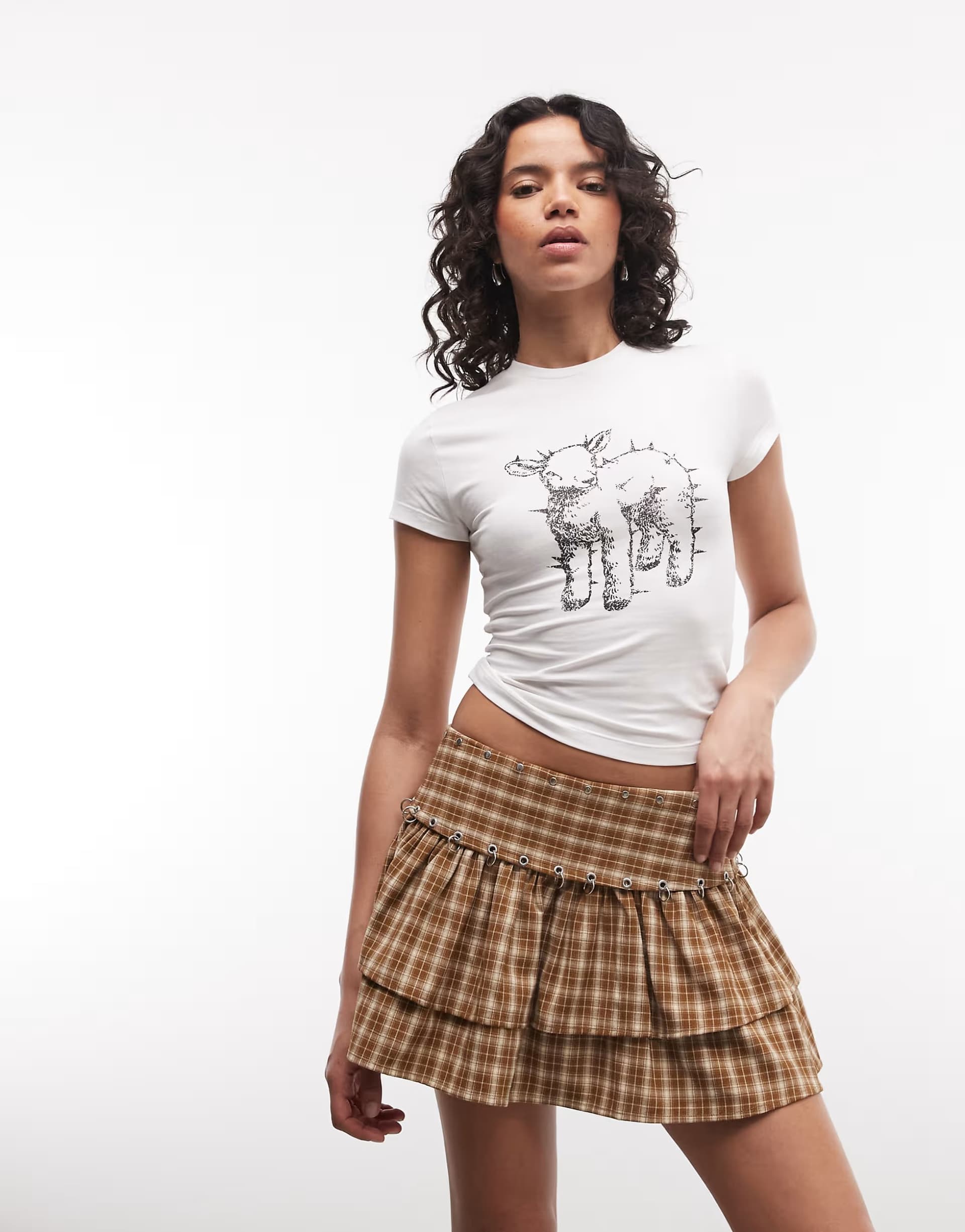 ASOS The Ragged Priest low rise ruffle mini skirt with hardware in tan check