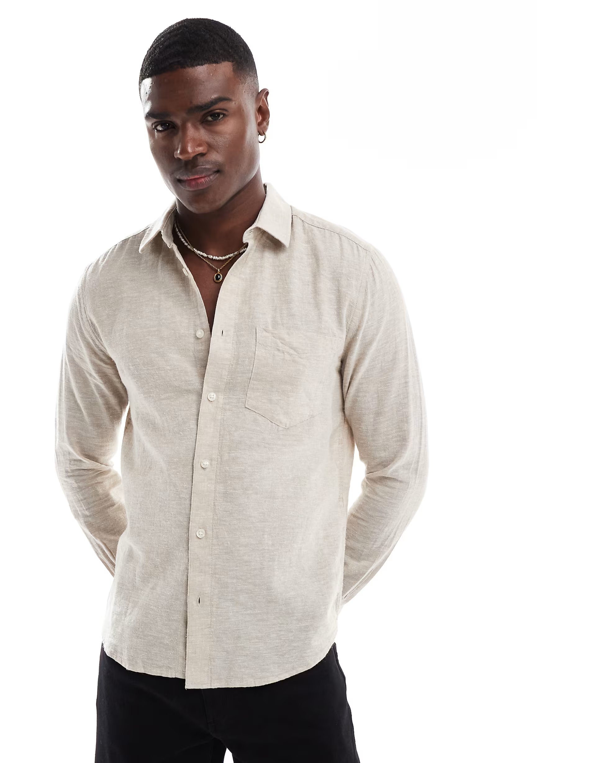 ASOS ONLY & SONS regular fit linen mix long sleeve shirt in beige - 1