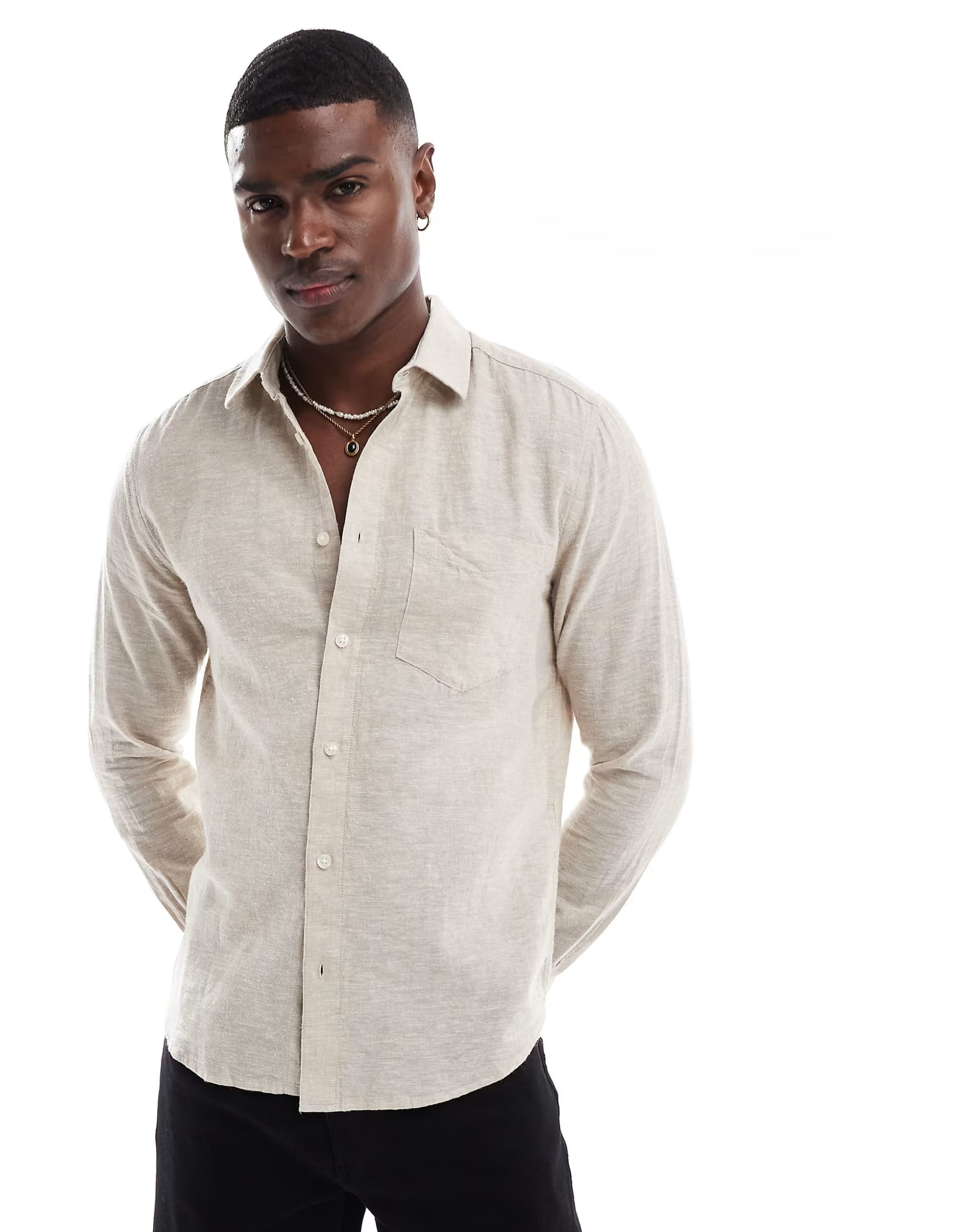 ASOS ONLY & SONS regular fit linen mix long sleeve shirt in beige