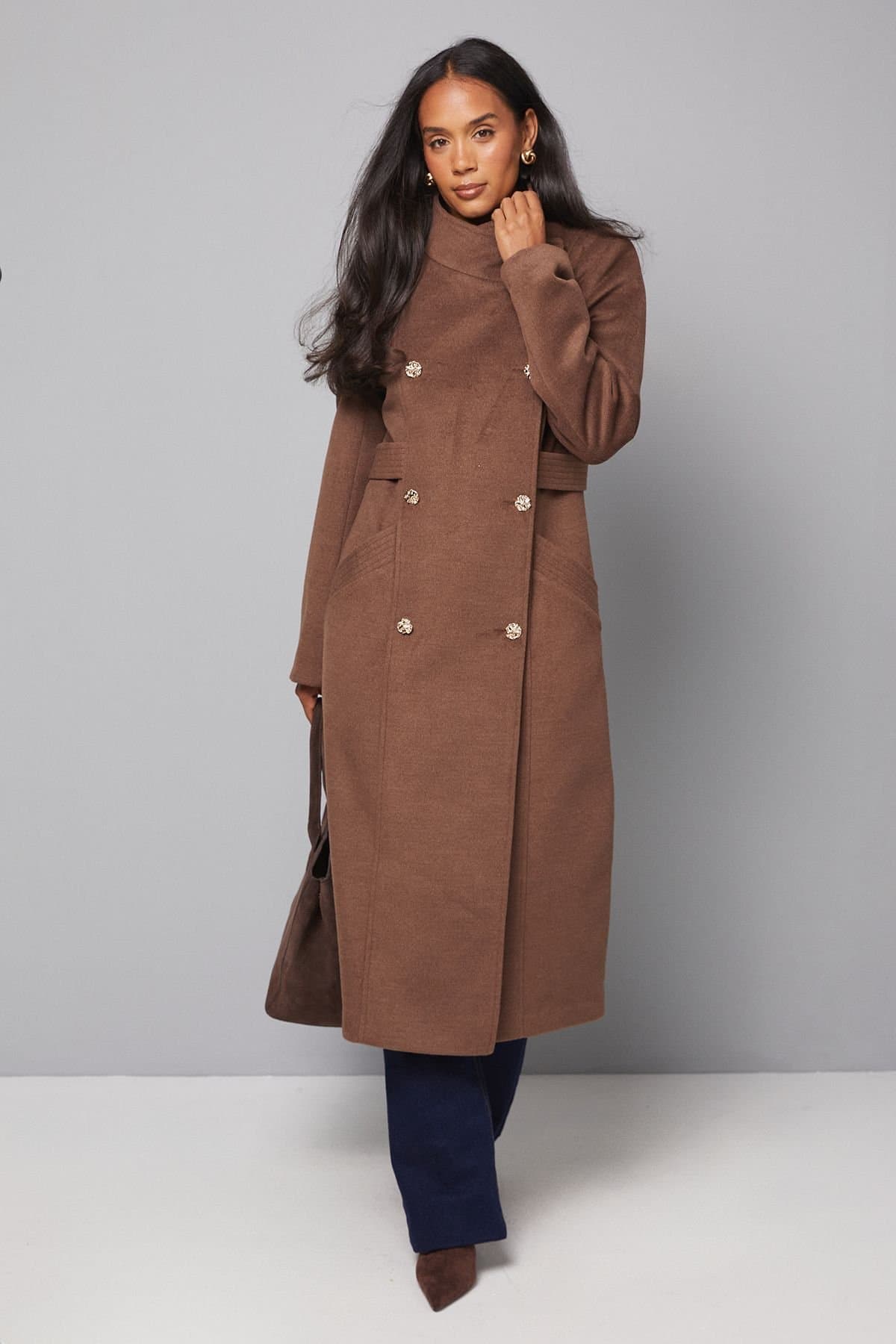 Wallis Wallis Women's Double Breasted Tab Detail Funnel Coat in Taupe