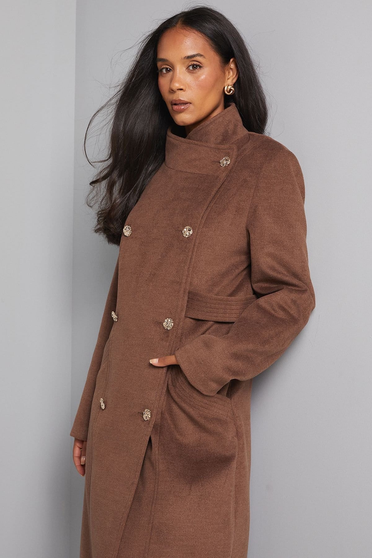 Wallis Wallis Women's Double Breasted Tab Detail Funnel Coat in Taupe - 4