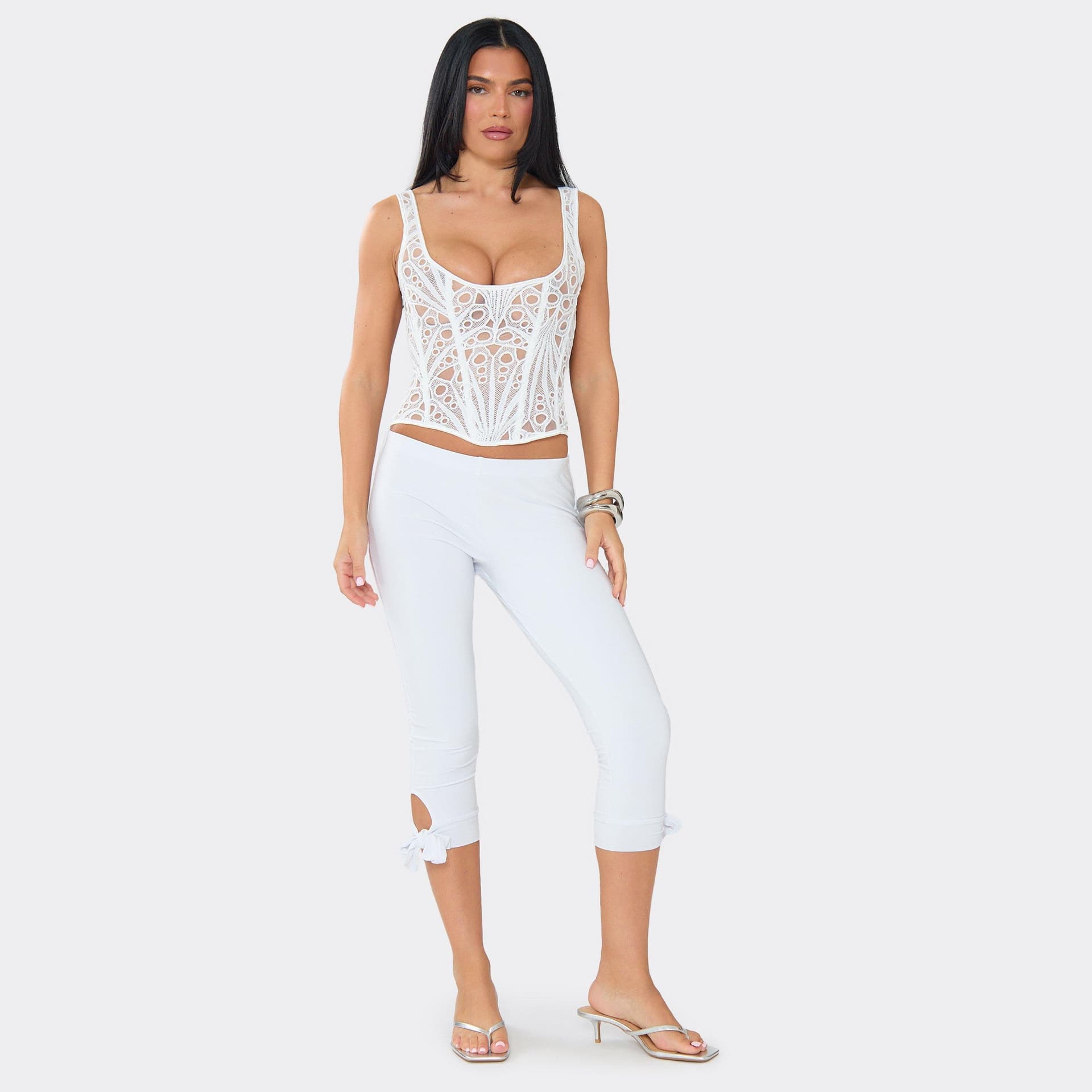 EGO Low Rise Side Tie Capri Trousers In White Slinky, Women's Size UK 6