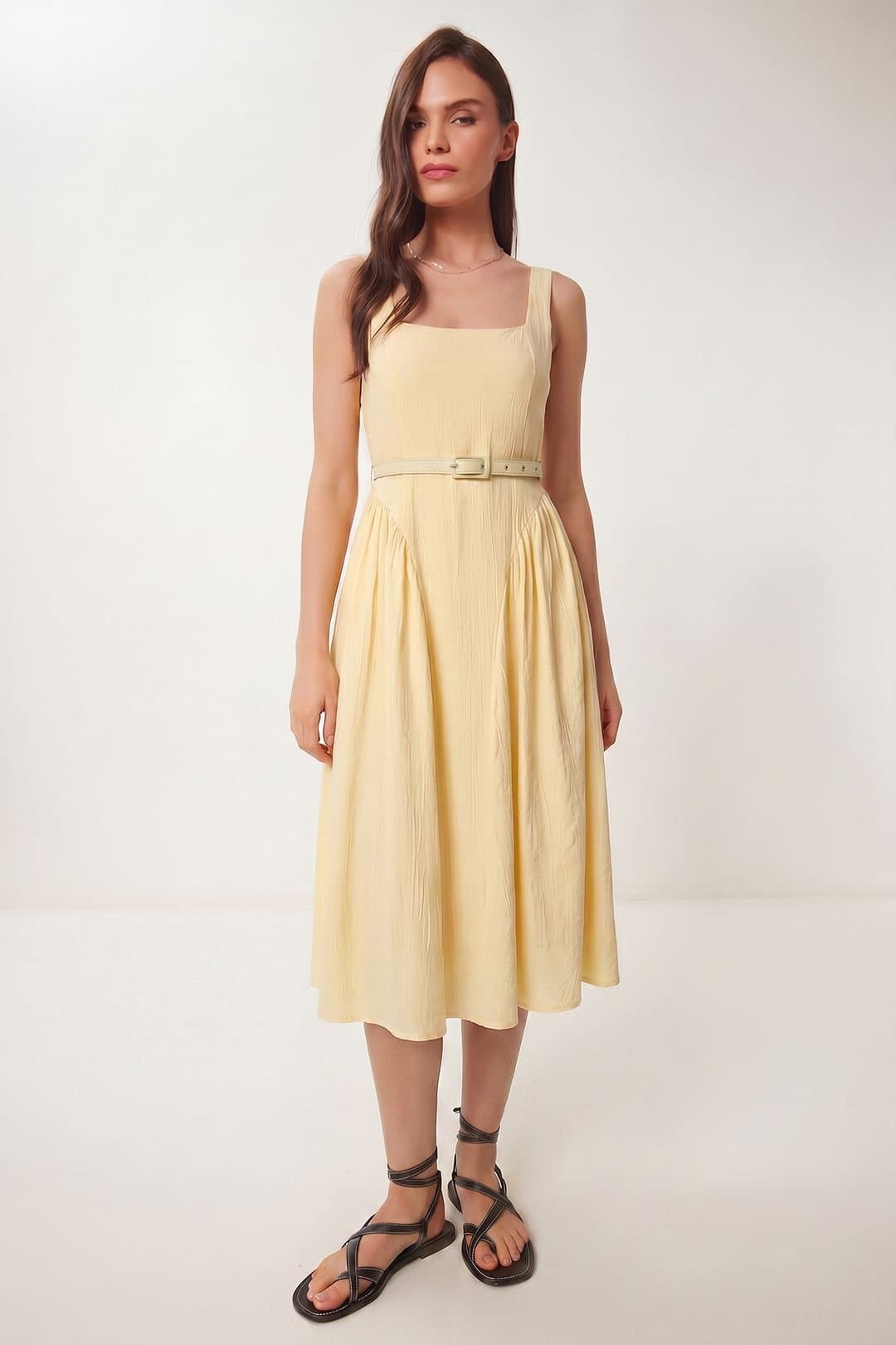 Happiness Istanbul Happiness Istanbul Women's Belted Sleeveless Midi Dress in Lemon