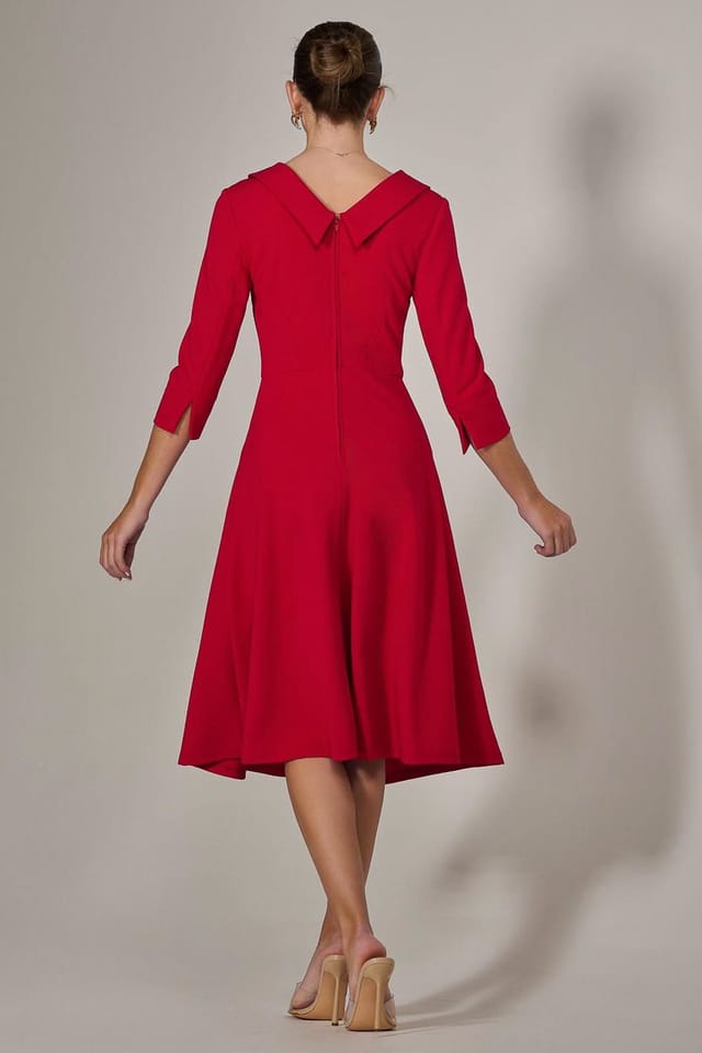 Jolie Moi Jolie Moi Women's Roll Collar Long Sleeve Midi Dress in Red - 2