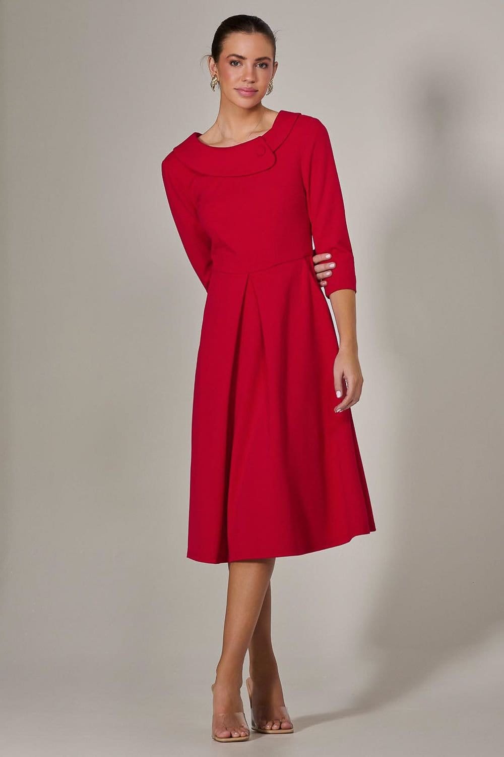 Jolie Moi Jolie Moi Women's Roll Collar Long Sleeve Midi Dress in Red - 4