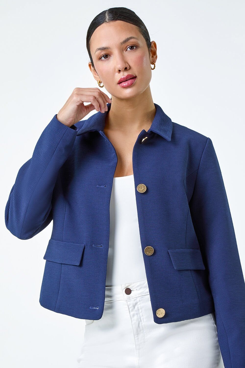 Roman Roman Women's Textured Button Detail Jacket in Navy - 4