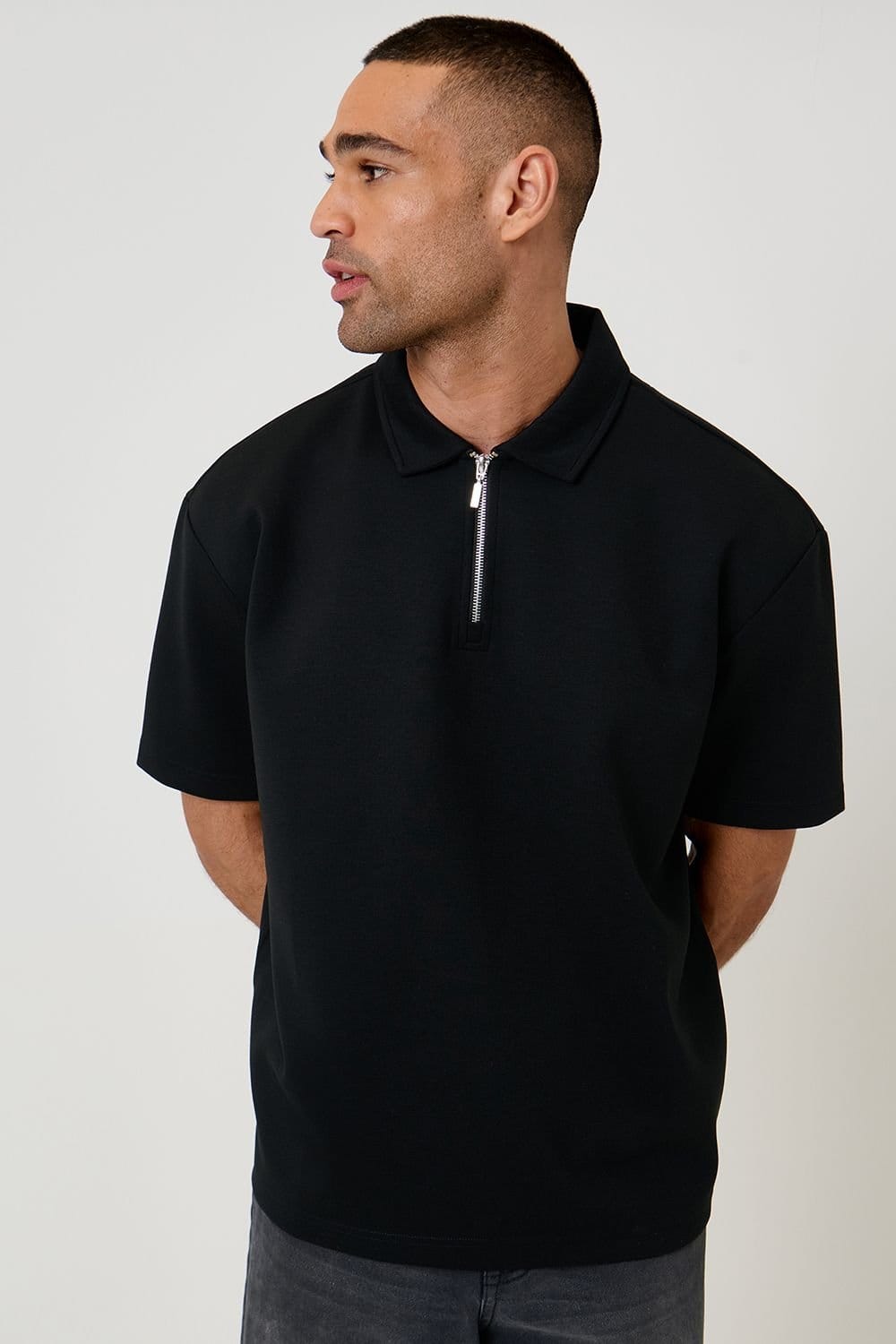 Threadbare Men's Oversized Quarter Zip Polo Shirt in Black