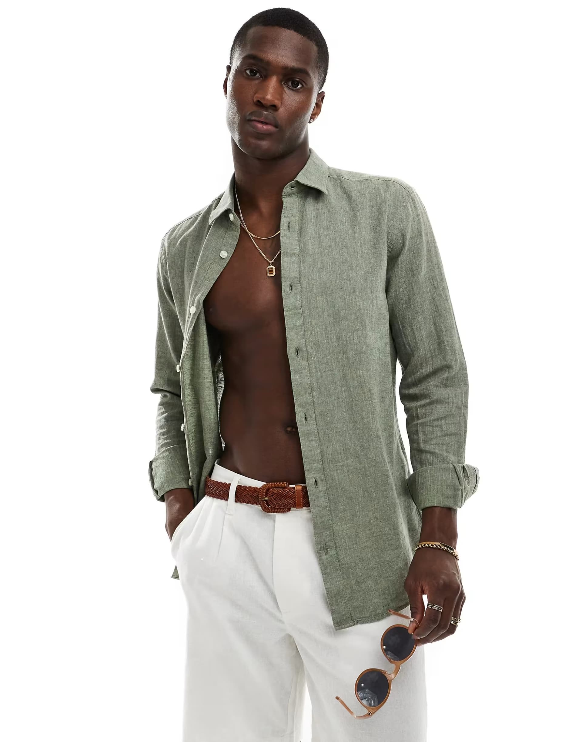 ASOS ONLY & SONS linen mix long sleeve shirt in sage