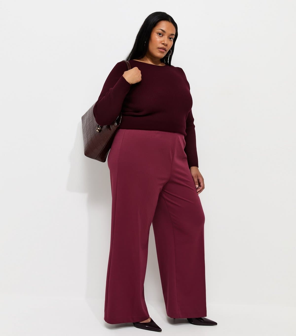 New Look Women's Plus Size Dark Burgundy Jersey Wide Leg Trousers Curves New Look