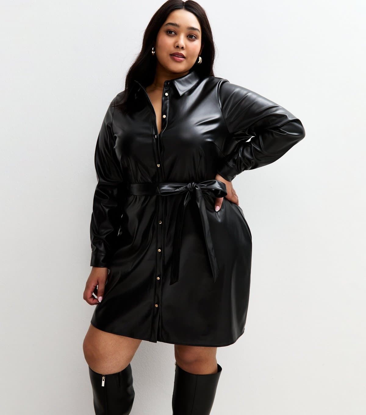 New Look Women's Plus Size Black Faux Leather Button Up Mini Dress Curves New Look