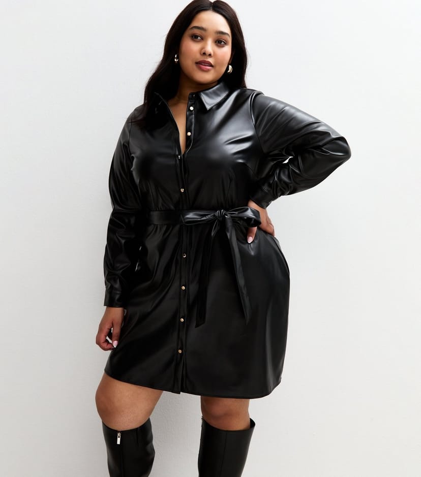 New Look Women's Plus Size Black Faux Leather Button Up Mini Dress Curves New Look - 1
