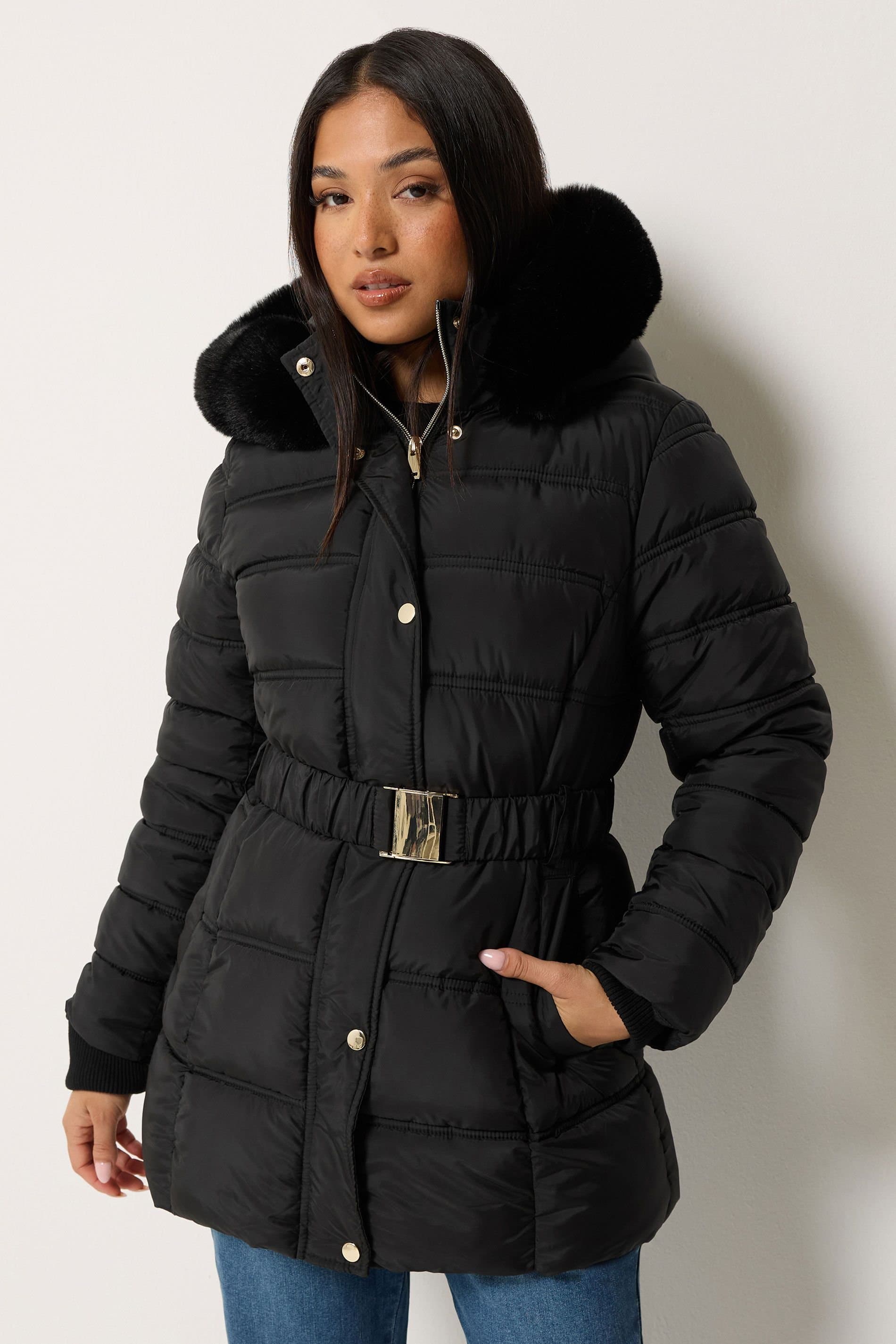 M&Co M&Co Women's Petite Short Belted Coat in Black