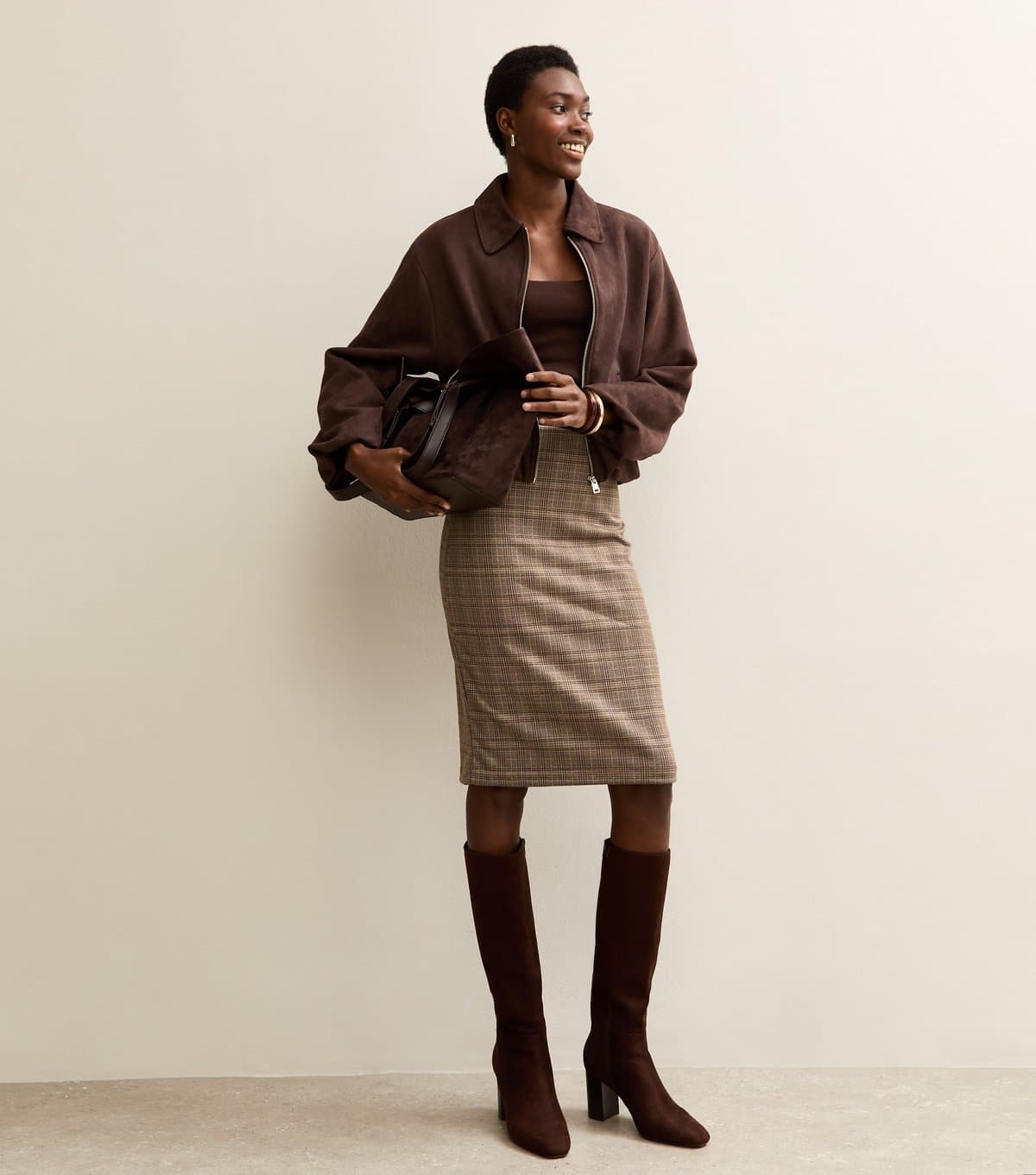 New Look Women's Tall Brown Jacquard Check Pencil Skirt New Look