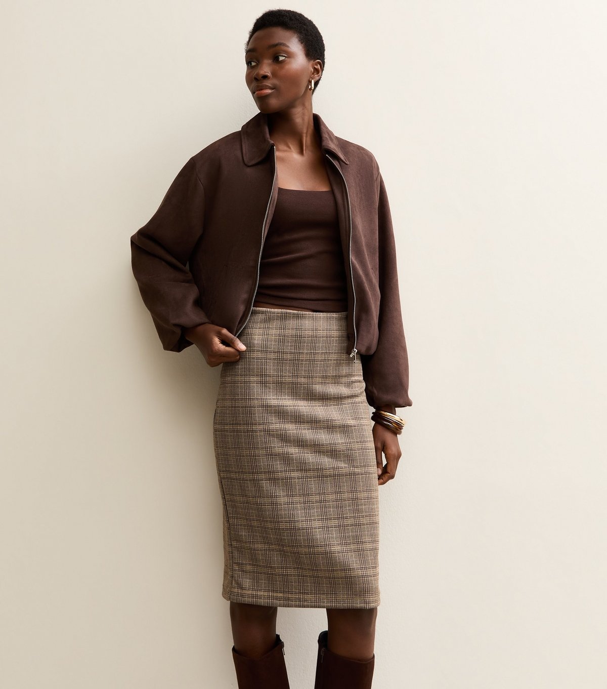 New Look Women's Tall Brown Jacquard Check Pencil Skirt New Look - 3