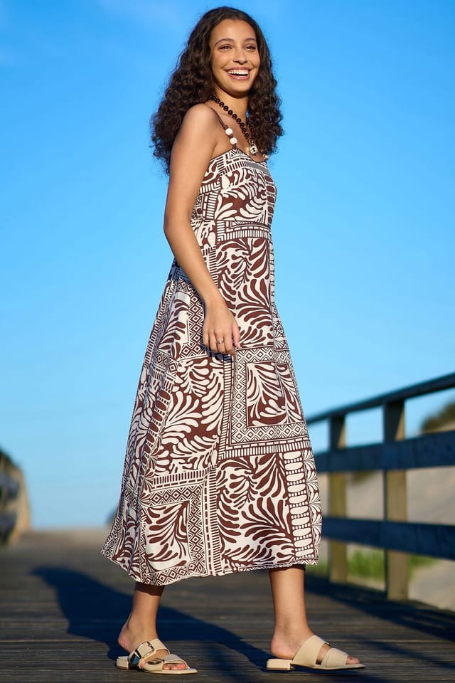 Yumi Yumi Women's Brown Tile Print Maxi Dress With Bead Details in Chocolate - 3