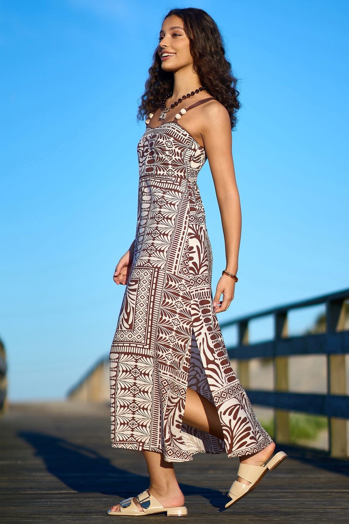 Yumi Yumi Women's Brown Tile Print Maxi Dress With Bead Details in Chocolate - 4