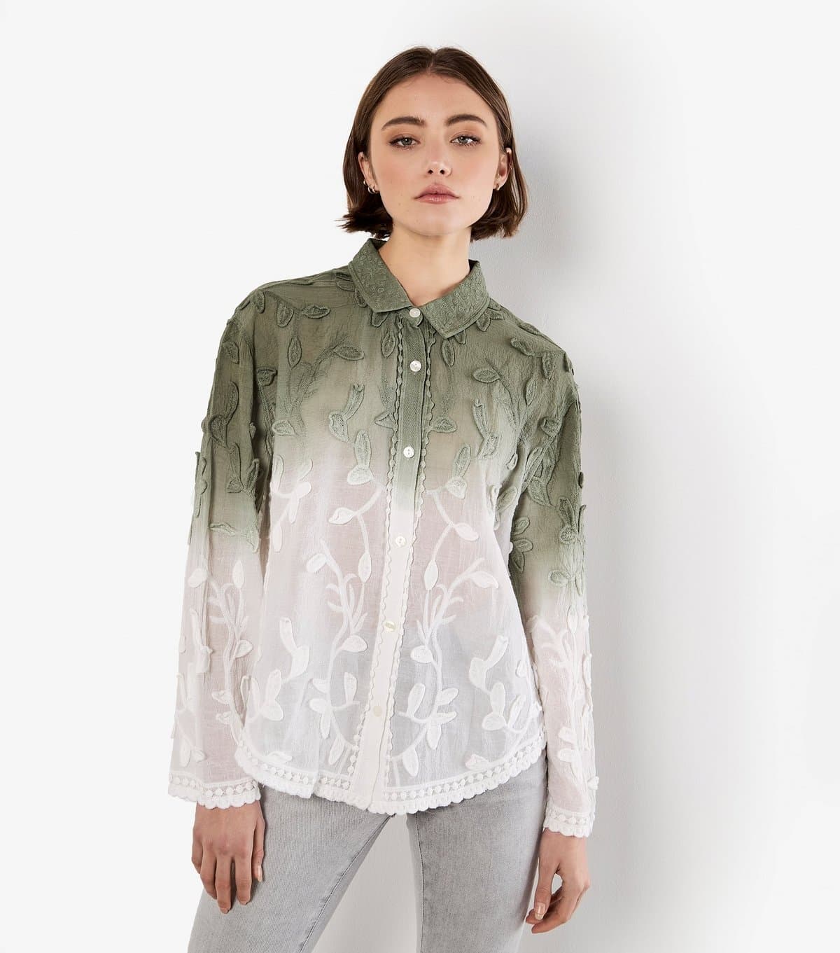 Apricot Women's Khaki Gradient Effect Floral Embroidered Shirt Apricot New Look