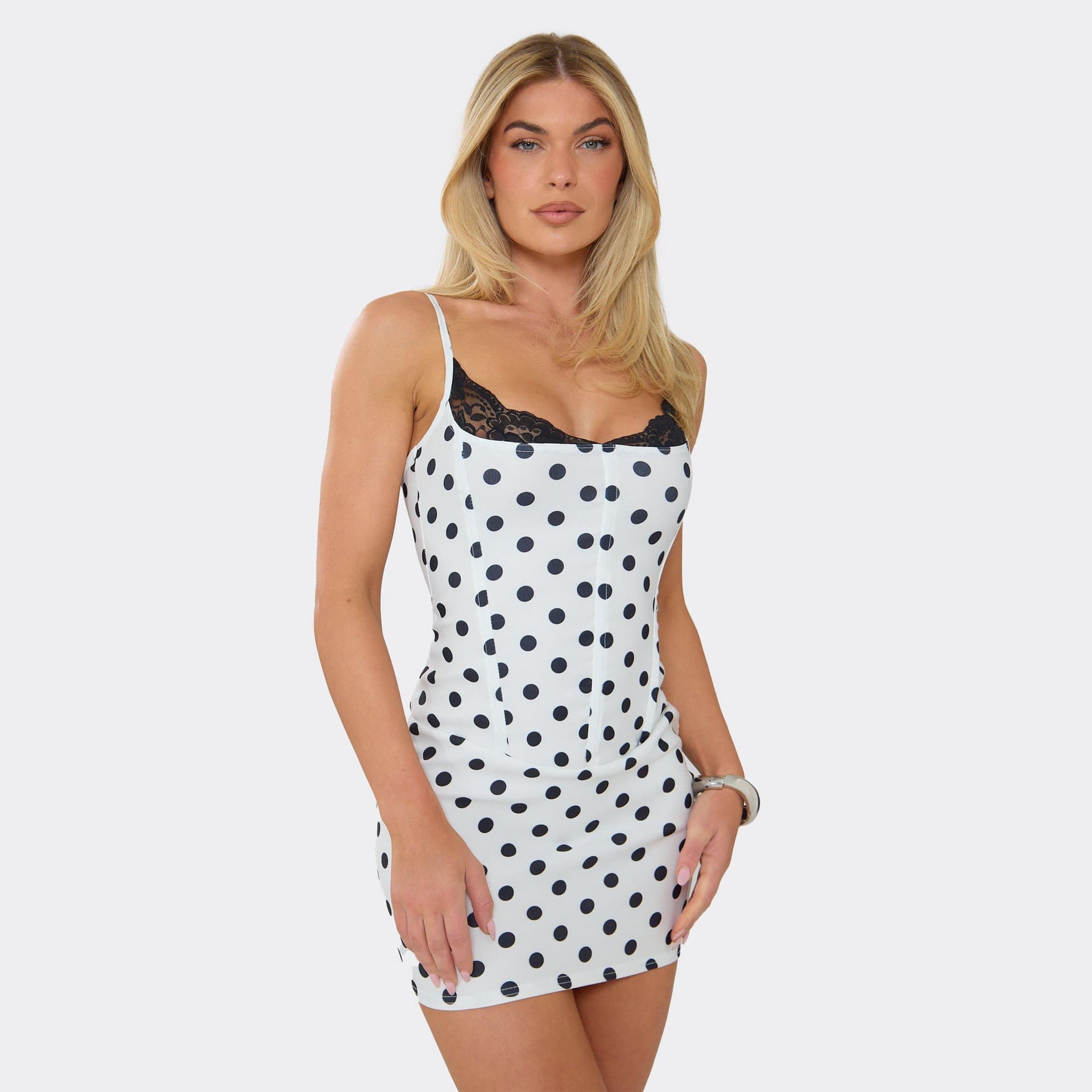 EGO Strappy Lace Trim Detail Corseted Mini Dress In White Polka Dot, Women's Size UK 8