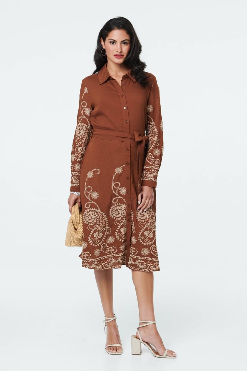 Izabel London Izabel London Women's Embroidered Long Sleeve Shirt Midi Dress in Brown - 1