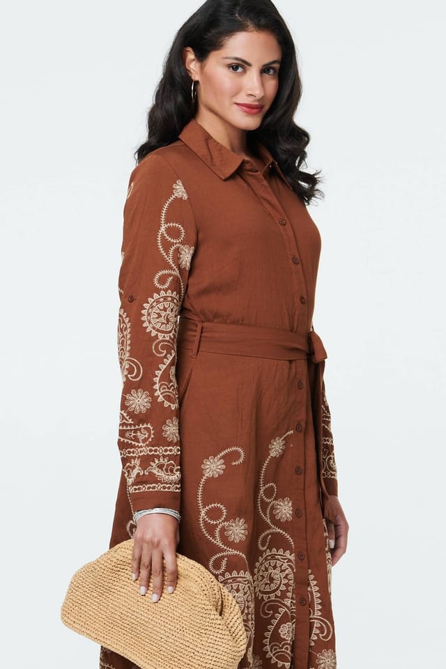 Izabel London Izabel London Women's Embroidered Long Sleeve Shirt Midi Dress in Brown - 2