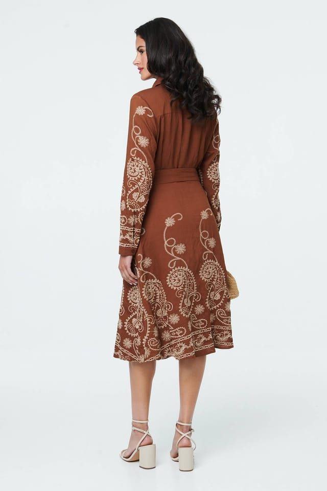 Izabel London Izabel London Women's Embroidered Long Sleeve Shirt Midi Dress in Brown - 3