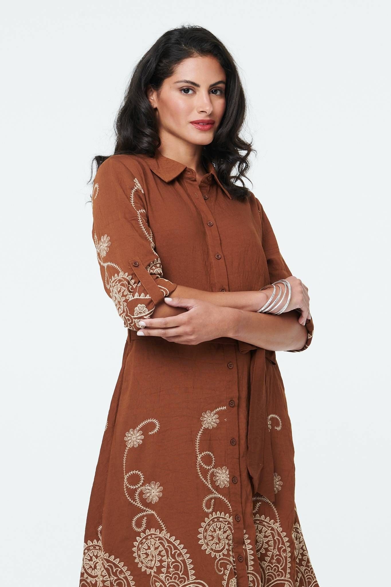 Izabel London Izabel London Women's Embroidered Long Sleeve Shirt Midi Dress in Brown - 4