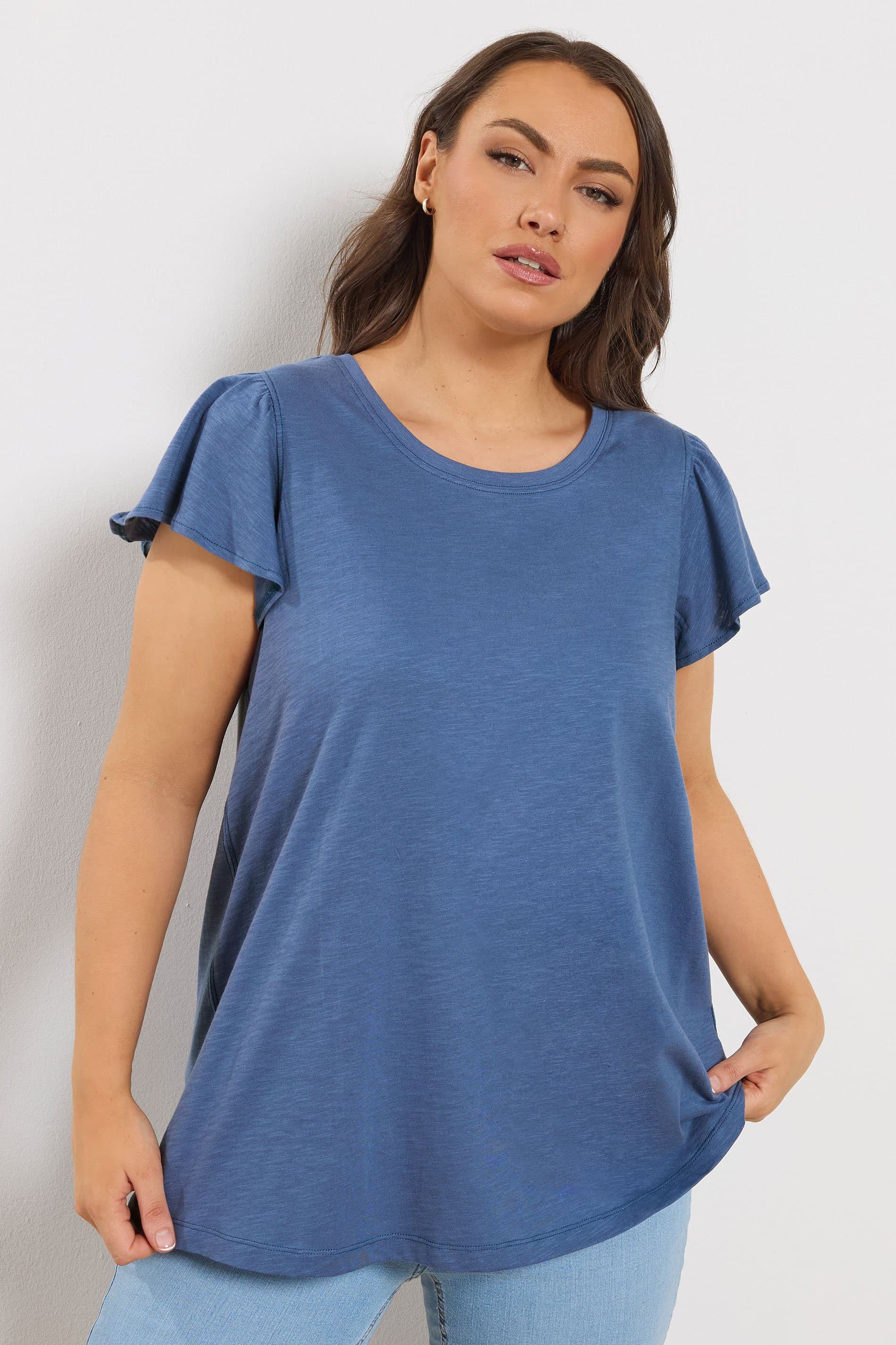 Yours Plus Size Denim Blue Frill Sleeve Tshirt
