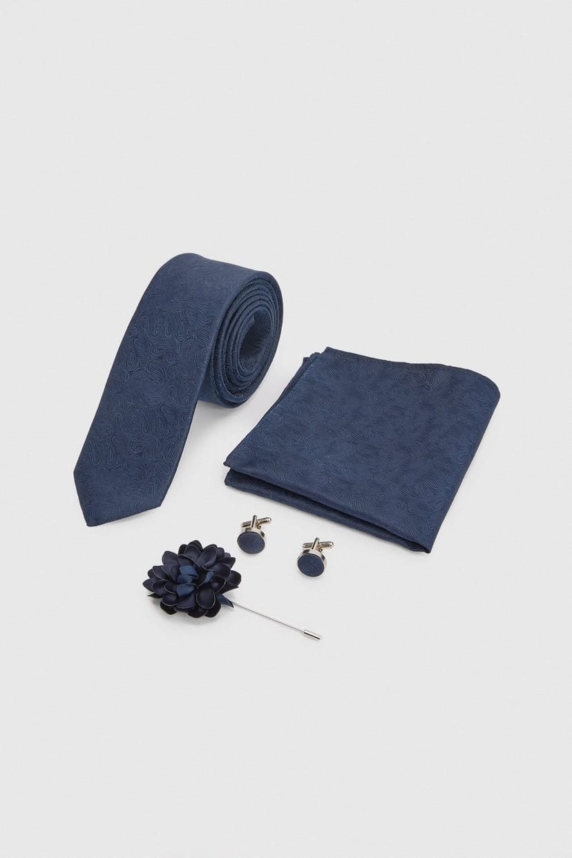 Burton Burton Men's Navy Paisley Tie, Pocket Square with Lapel Pin & Cufflink Box Set - 1