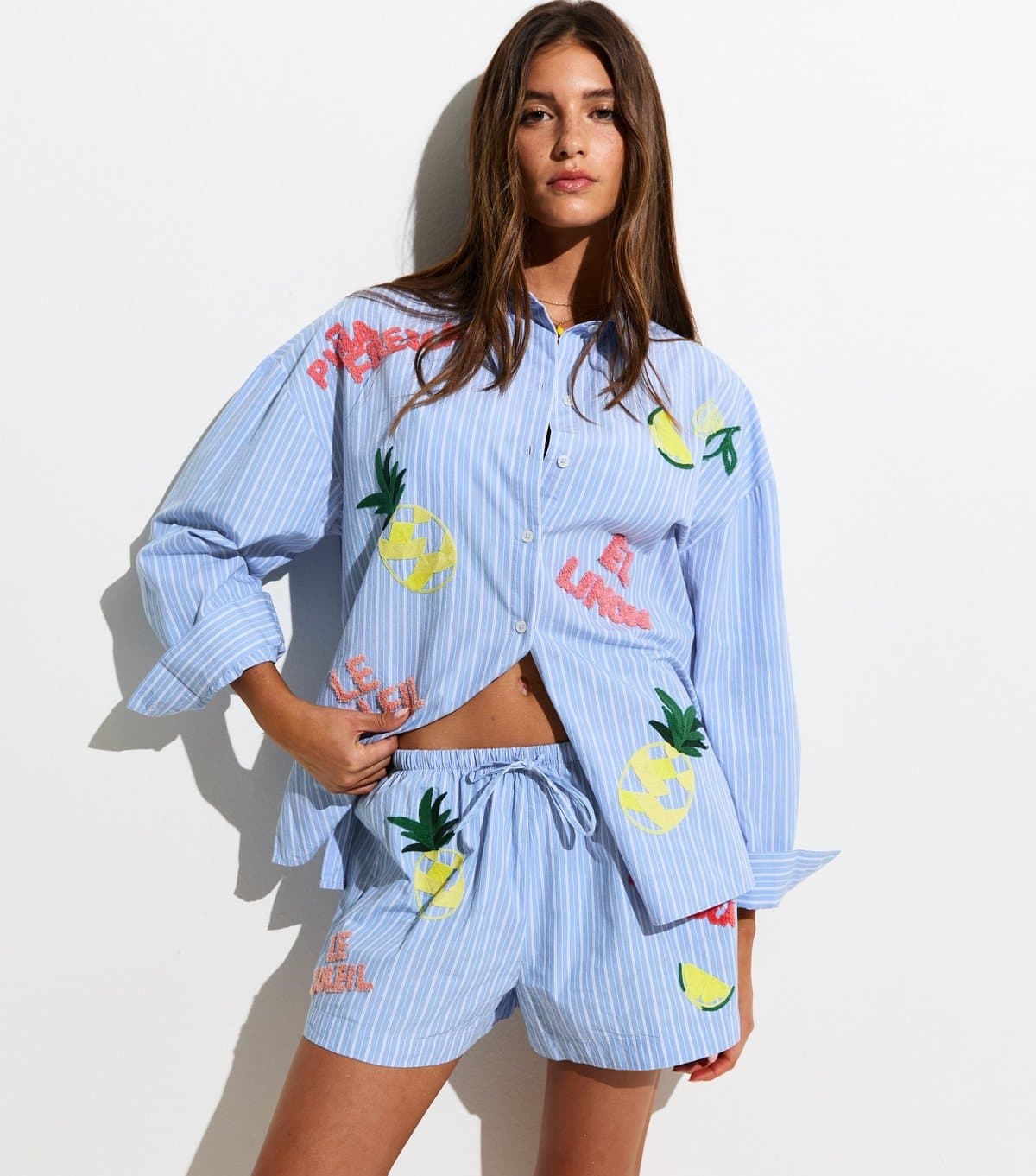 New Look Women's Blue Pina Fresca Striped Embroidered Shorts New Look