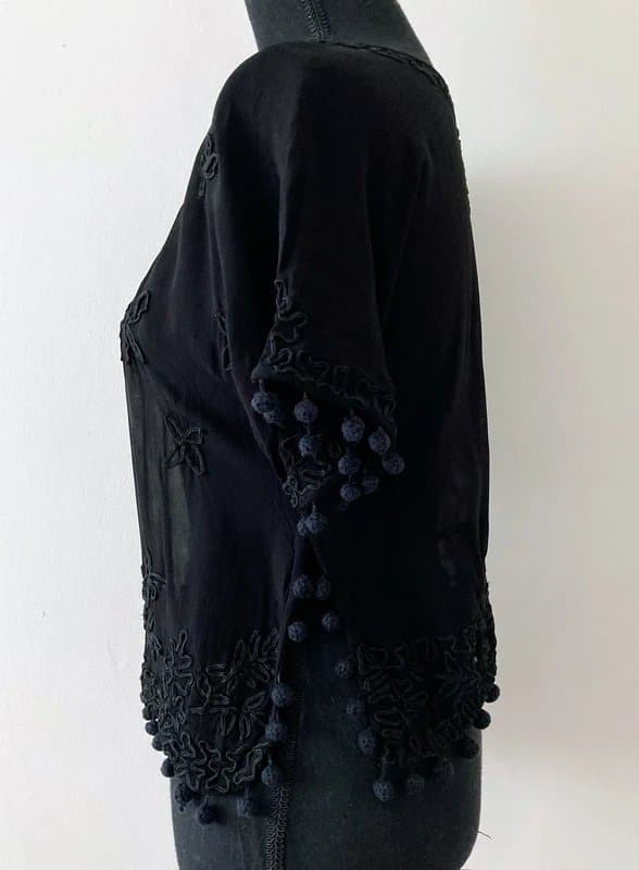 Topshop Topshop Black Sheer Chiffon Top Embroidered & Pompons Size 6
