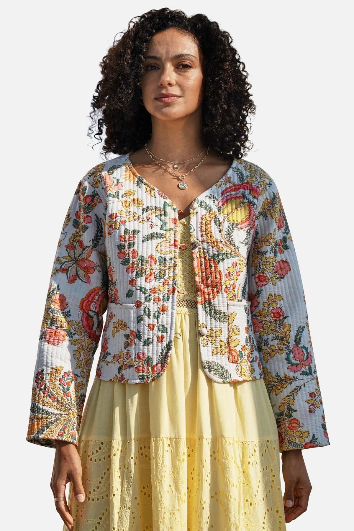 Yumi Yumi Women's White Boho Print Cotton Reversible Quilted Jacket in Warm White