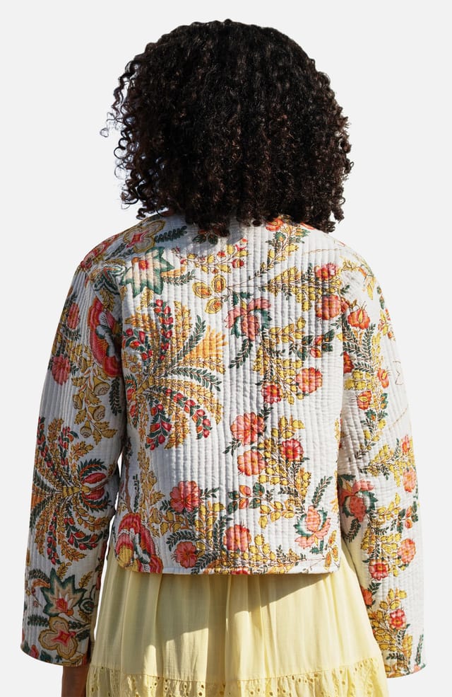 Yumi Yumi Women's White Boho Print Cotton Reversible Quilted Jacket in Warm White - 2