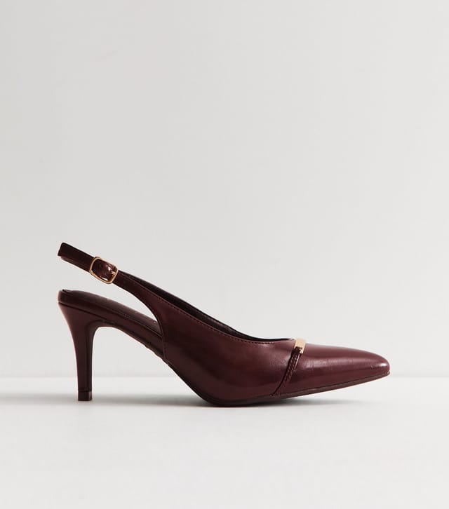 New Look Women's Wide Fit Dark Burgundy Faux Leather Metallic Panel Slingback Pumps Vegan New Look - 2