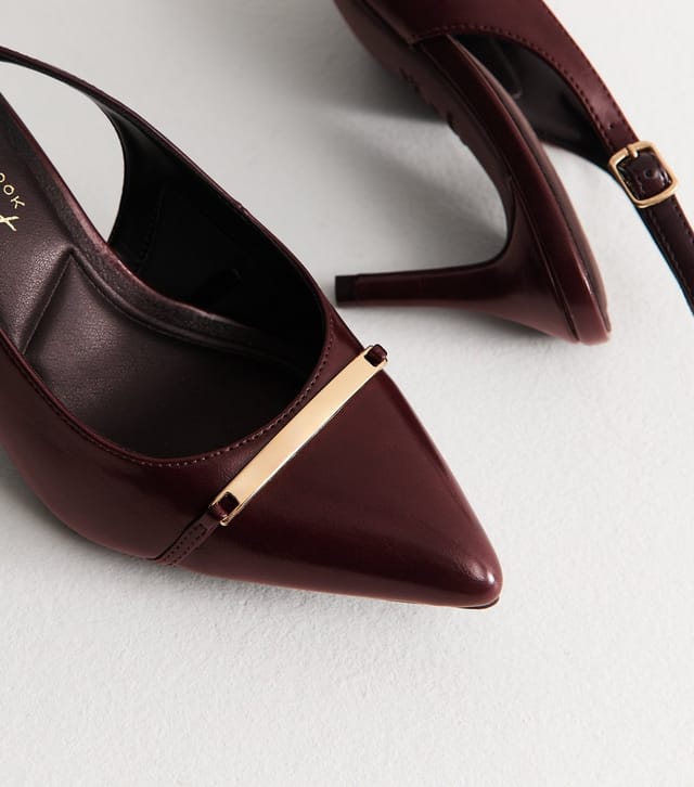 New Look Women's Wide Fit Dark Burgundy Faux Leather Metallic Panel Slingback Pumps Vegan New Look - 3